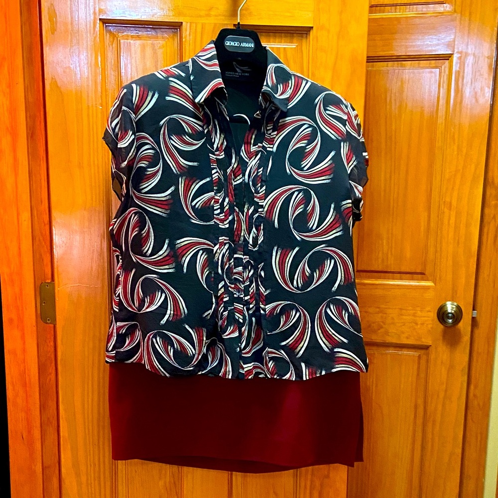 Jones New York Black Blouse with Red and White Swirl Print